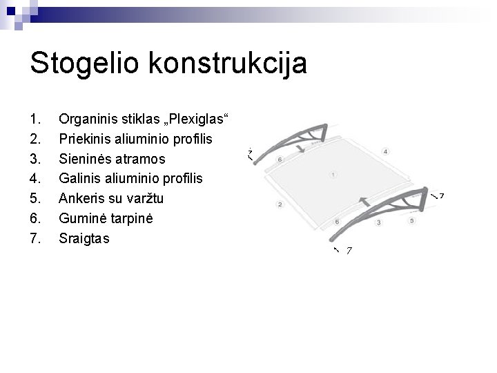 Stogelio konstrukcija 1. 2. 3. 4. 5. 6. 7. Organinis stiklas „Plexiglas“ Priekinis aliuminio