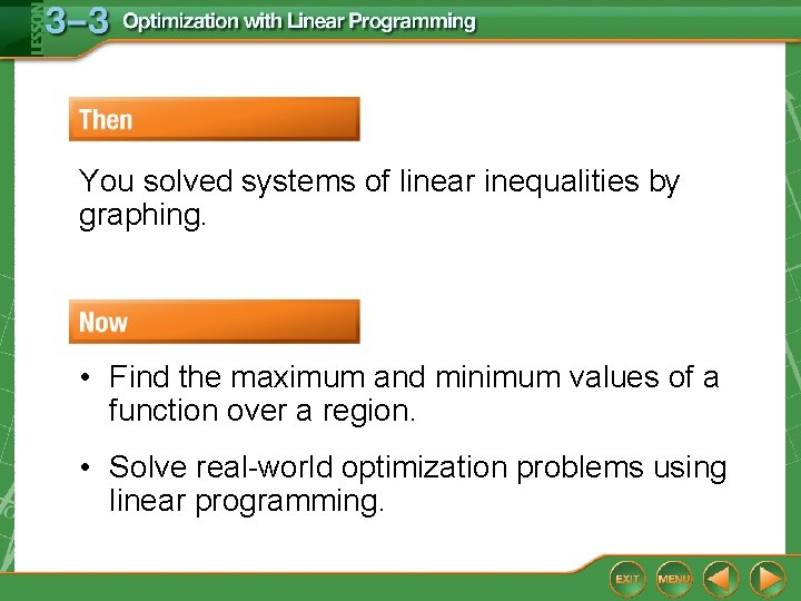 You solved systems of linear inequalities by graphing. • Find the maximum and minimum