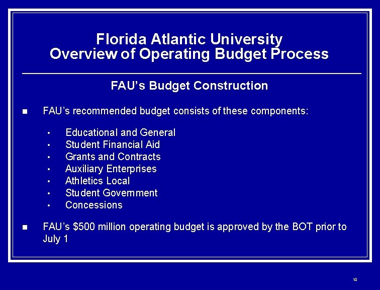 Florida Atlantic University Overview of Operating Budget Process FAU’s Budget Construction n FAU’s recommended