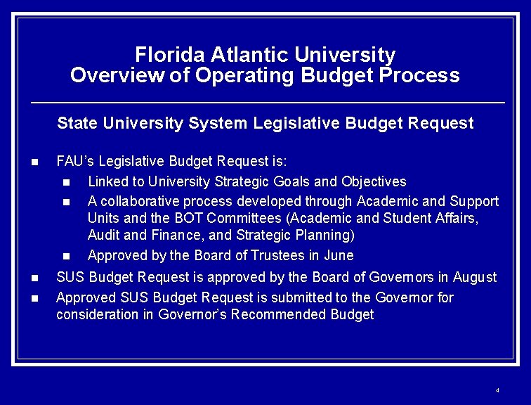 Florida Atlantic University Overview of Operating Budget Process State University System Legislative Budget Request