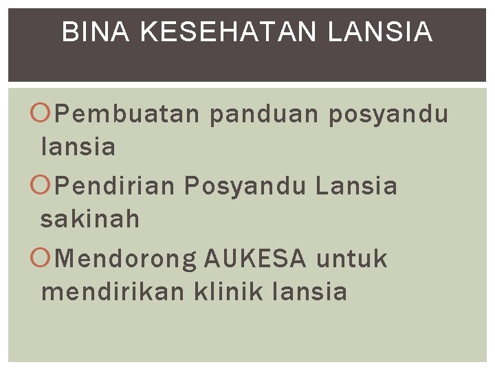 BINA KESEHATAN LANSIA Pembuatan panduan posyandu lansia Pendirian Posyandu Lansia sakinah Mendorong AUKESA untuk