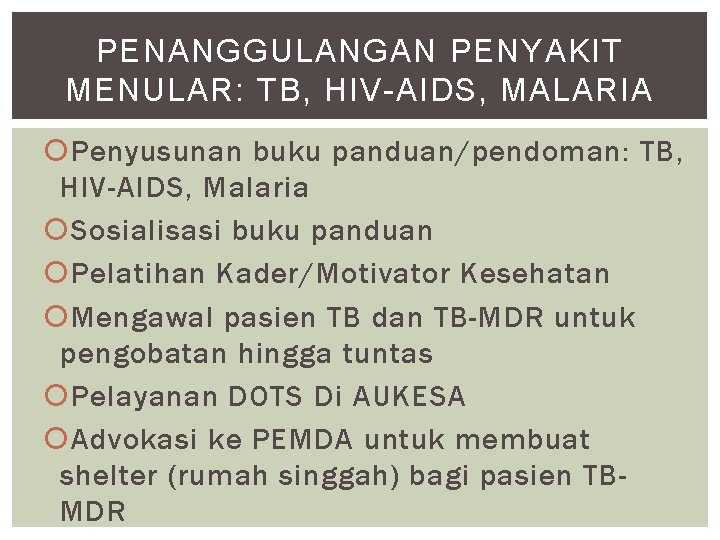 PENANGGULANGAN PENYAKIT MENULAR: TB, HIV-AIDS, MALARIA Penyusunan buku panduan/pendoman: TB, HIV-AIDS, Malaria Sosialisasi buku
