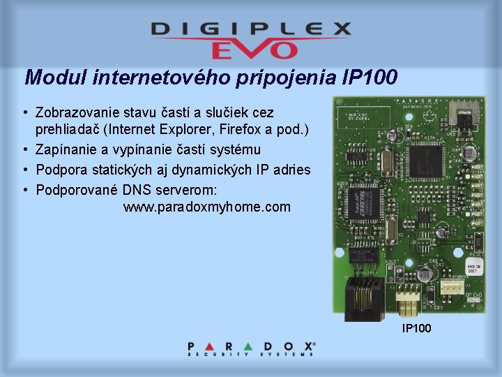 Modul internetového pripojenia IP 100 • Zobrazovanie stavu častí a slučiek cez prehliadač (Internet