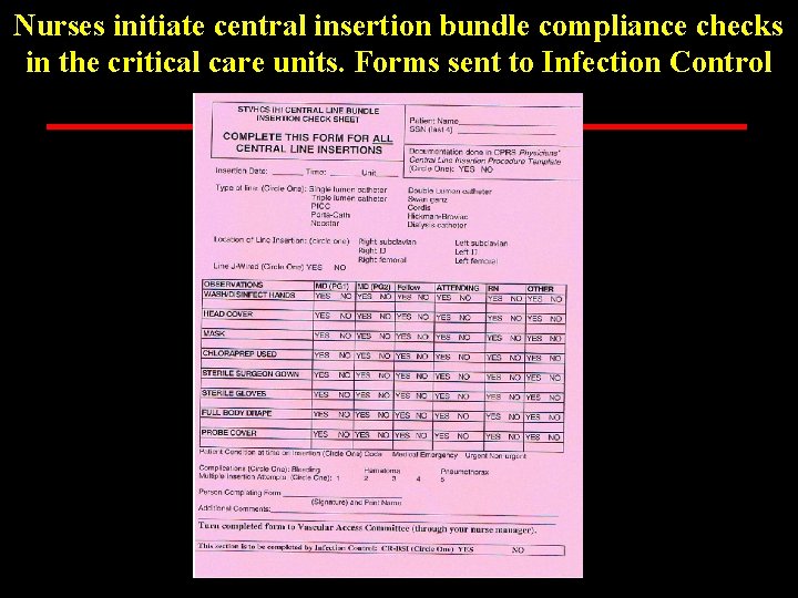 Nurses initiate central insertion bundle compliance checks in the critical care units. Forms sent