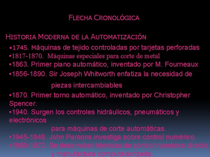 FLECHA CRONOLÓGICA HISTORIA MODERNA DE LA AUTOMATIZACIÓN • 1745. Máquinas de tejido controladas por