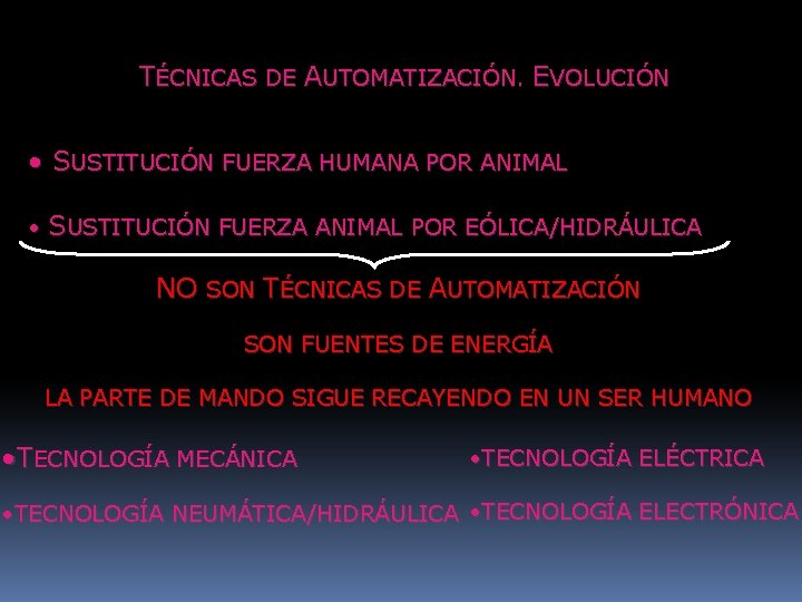 TÉCNICAS DE AUTOMATIZACIÓN. EVOLUCIÓN • SUSTITUCIÓN FUERZA HUMANA POR ANIMAL • SUSTITUCIÓN FUERZA ANIMAL