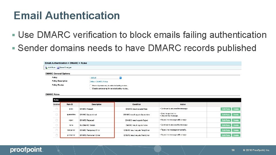 Email Authentication Use DMARC verification to block emails failing authentication § Sender domains needs