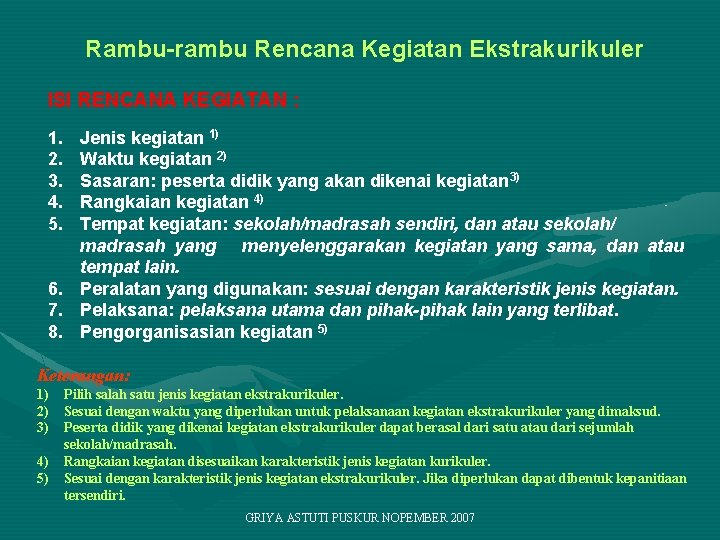 Rambu-rambu Rencana Kegiatan Ekstrakurikuler ISI RENCANA KEGIATAN : 1. 2. 3. 4. 5. Jenis