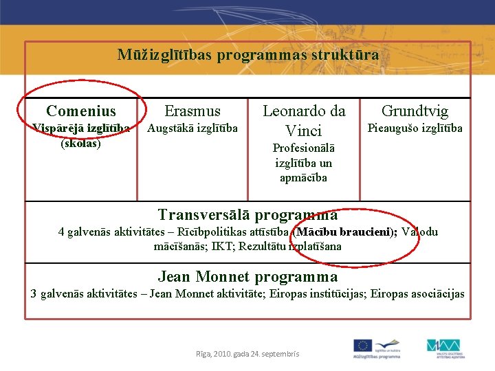 Mūžizglītības programmas struktūra Comenius Erasmus Vispārējā izglītība (skolas) Augstākā izglītība Leonardo da Vinci Grundtvig