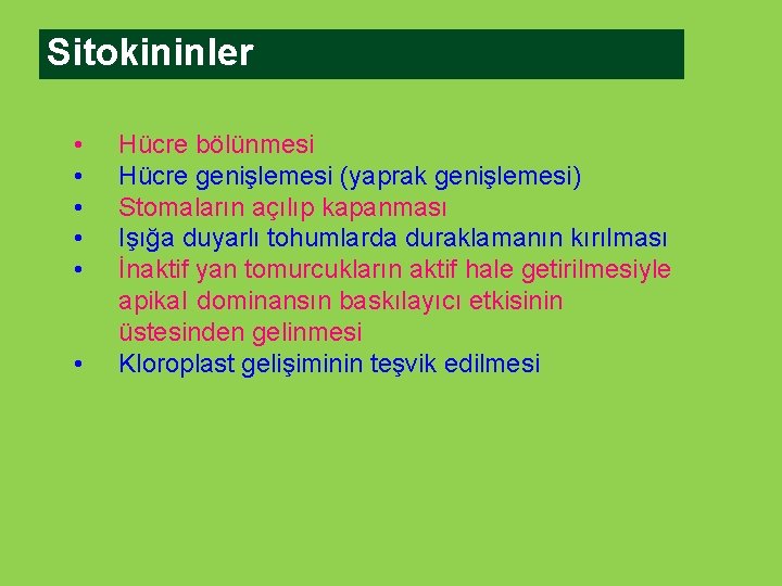 Sitokininler • • • Hücre bölünmesi Hücre genişlemesi (yaprak genişlemesi) Stomaların açılıp kapanması Işığa