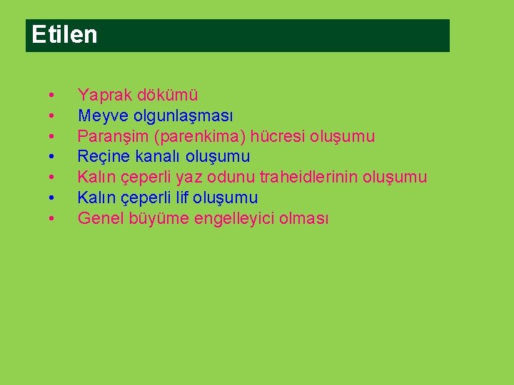 Etilen • • Yaprak dökümü Meyve olgunlaşması Paranşim (parenkima) hücresi oluşumu Reçine kanalı oluşumu