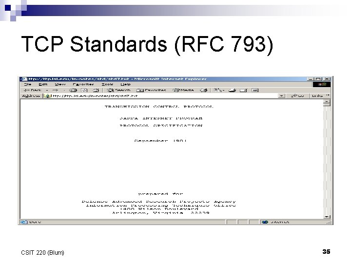 TCP Standards (RFC 793) CSIT 220 (Blum) 35 