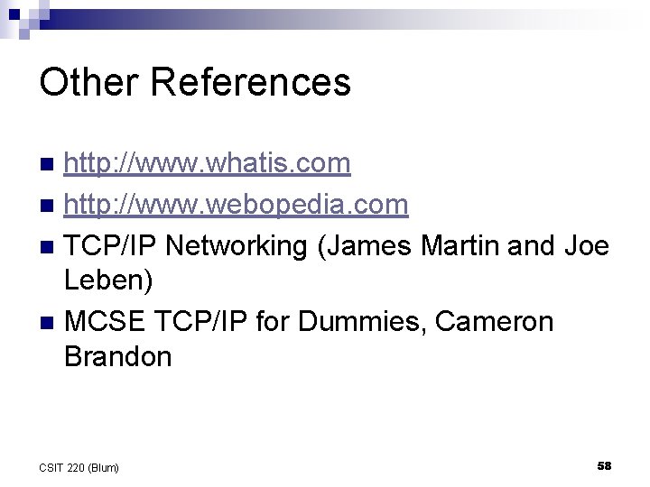 Other References http: //www. whatis. com n http: //www. webopedia. com n TCP/IP Networking