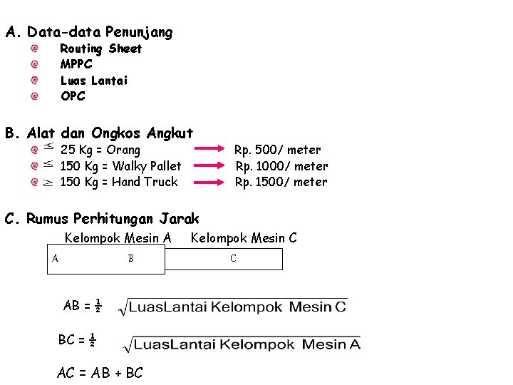 A. Data-data Penunjang Routing Sheet MPPC Luas Lantai OPC B. Alat dan Ongkos Angkut