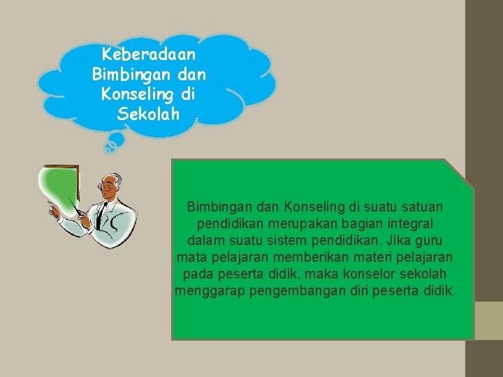 Keberadaan Bimbingan dan Konseling di Sekolah Bimbingan dan Konseling di suatu satuan pendidikan merupakan