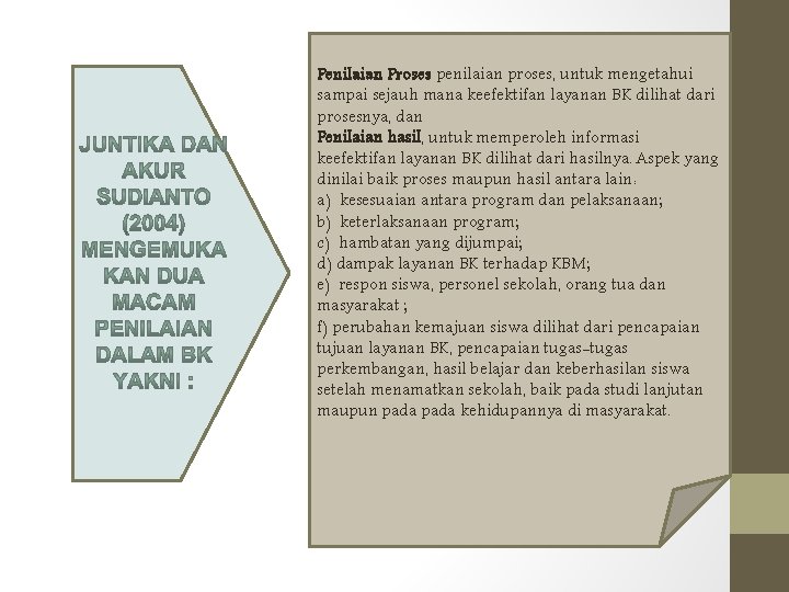 Penilaian Proses penilaian proses, untuk mengetahui sampai sejauh mana keefektifan layanan BK dilihat dari