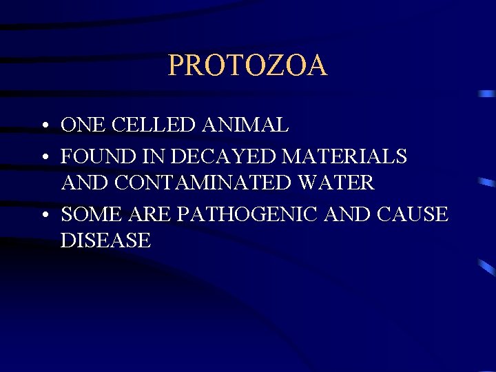PROTOZOA • ONE CELLED ANIMAL • FOUND IN DECAYED MATERIALS AND CONTAMINATED WATER •