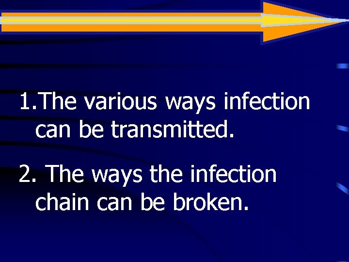 1. The various ways infection can be transmitted. 2. The ways the infection chain