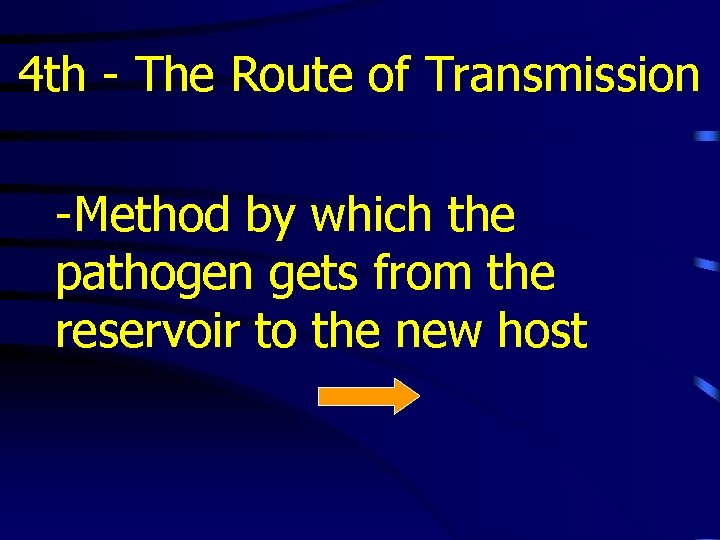 4 th - The Route of Transmission -Method by which the pathogen gets from