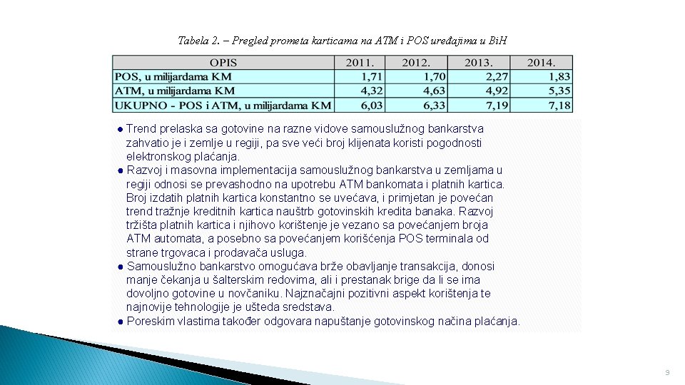 Tabela 2. – Pregled prometa karticama na ATM i POS uređajima u Bi. H
