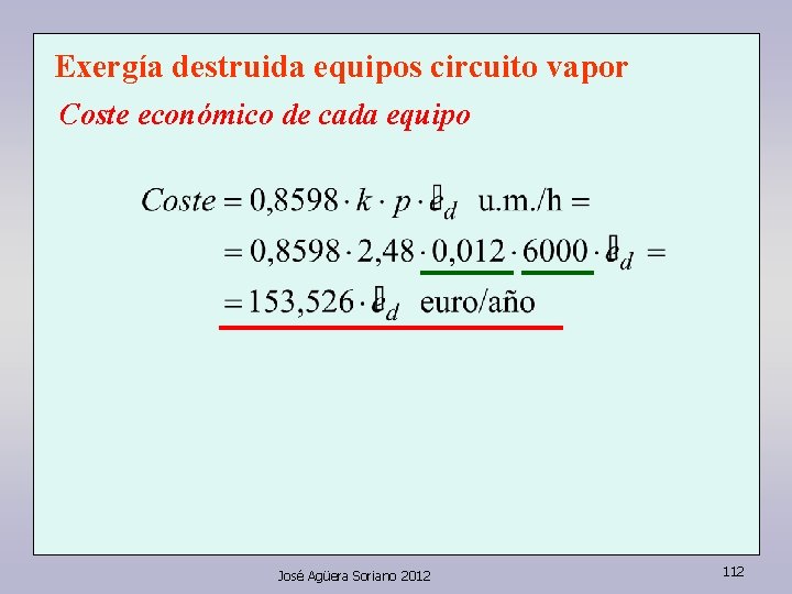 Exergía destruida equipos circuito vapor Coste económico de cada equipo José Agüera Soriano 2012