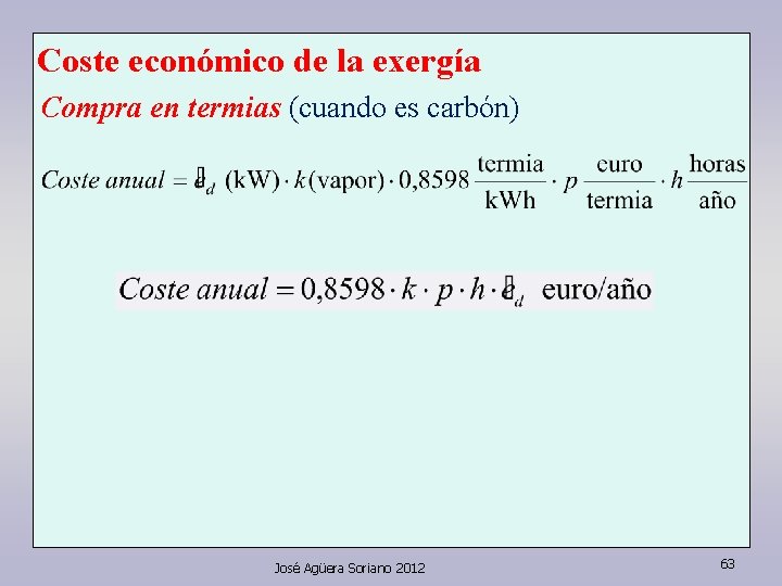 Coste económico de la exergía Compra en termias (cuando es carbón) José Agüera Soriano