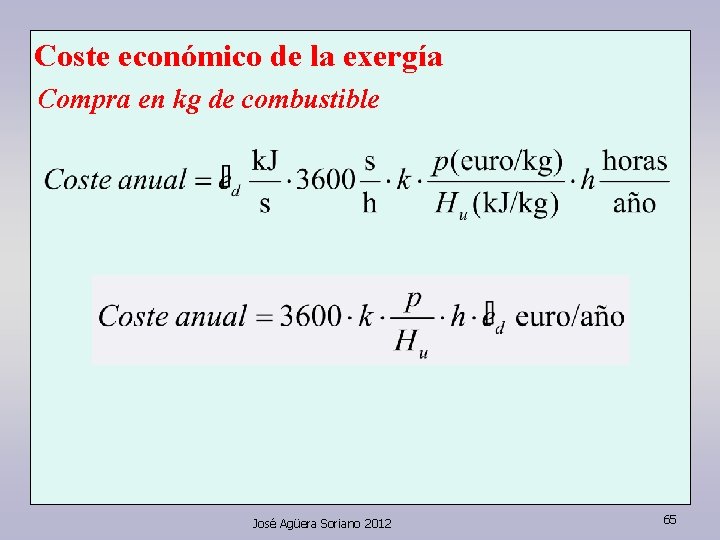 Coste económico de la exergía Compra en kg de combustible José Agüera Soriano 2012