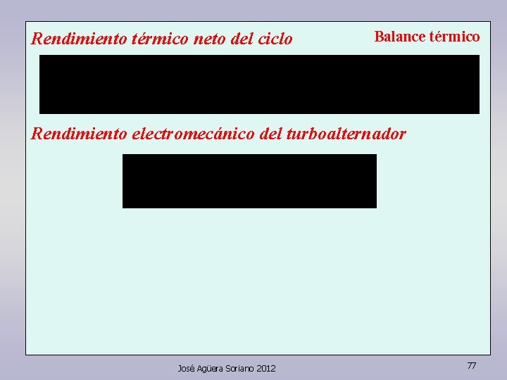 Rendimiento térmico neto del ciclo Balance térmico Rendimiento electromecánico del turboalternador José Agüera Soriano