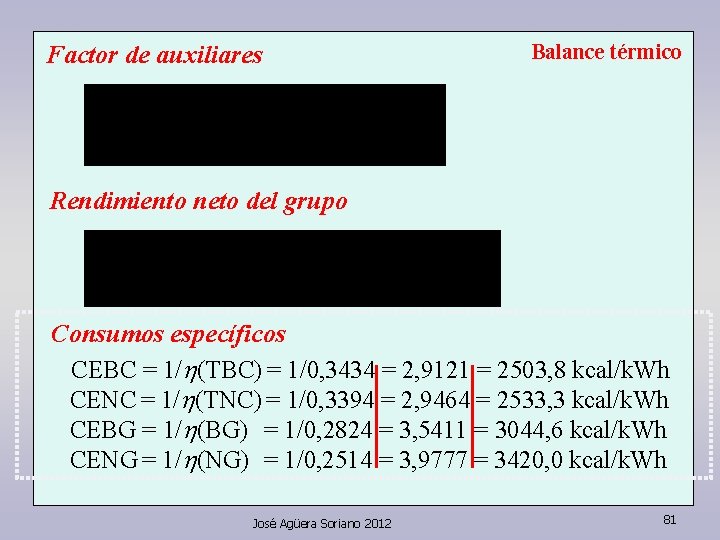 Factor de auxiliares Balance térmico Rendimiento neto del grupo Consumos específicos CEBC = 1/