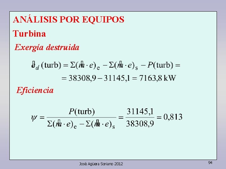 ANÁLISIS POR EQUIPOS Turbina Exergía destruida Eficiencia José Agüera Soriano 2012 94 