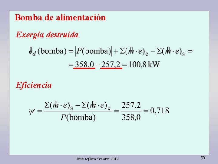 Bomba de alimentación Exergía destruida Eficiencia José Agüera Soriano 2012 98 