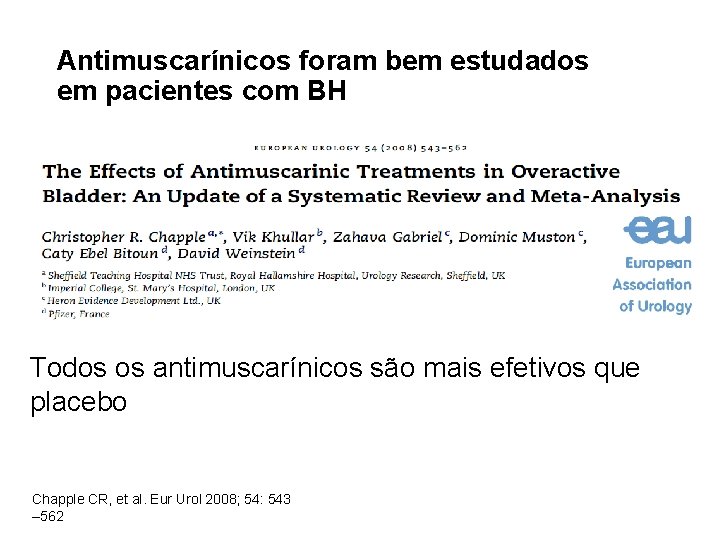 Antimuscarínicos foram bem estudados em pacientes com BH Todos os antimuscarínicos são mais efetivos
