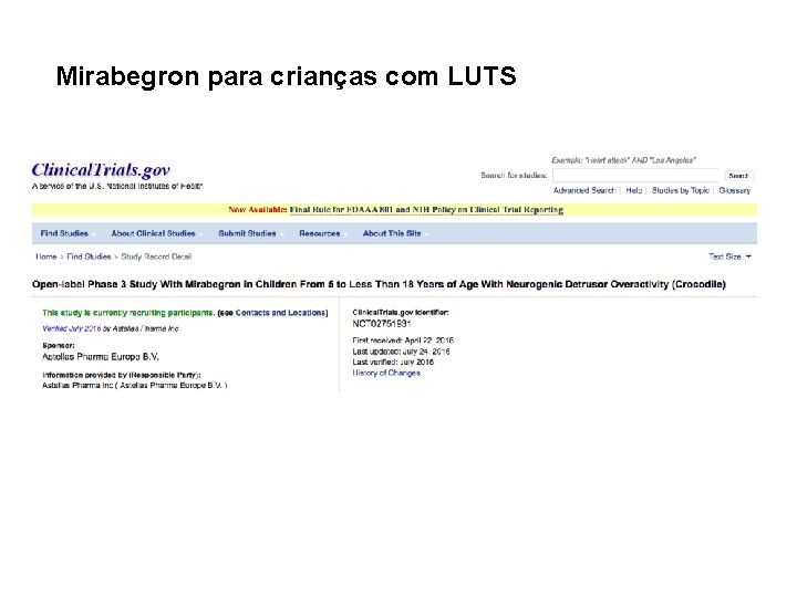 Mirabegron para crianças com LUTS 