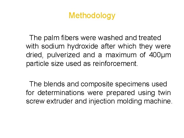 Methodology The palm fibers were washed and treated with sodium hydroxide after which they