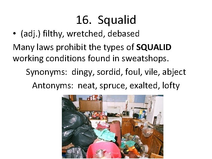16. Squalid • (adj. ) filthy, wretched, debased Many laws prohibit the types of