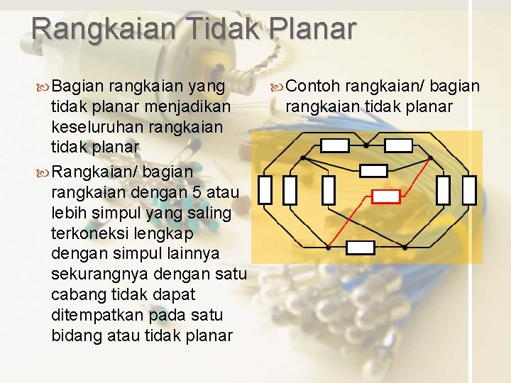 Rangkaian Tidak Planar Bagian rangkaian yang tidak planar menjadikan keseluruhan rangkaian tidak planar Rangkaian/