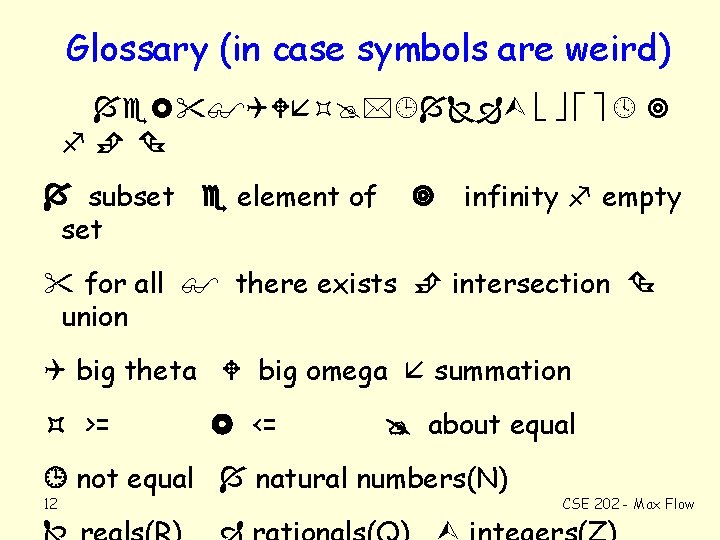 Glossary (in case symbols are weird) subset element of set infinity empty for all