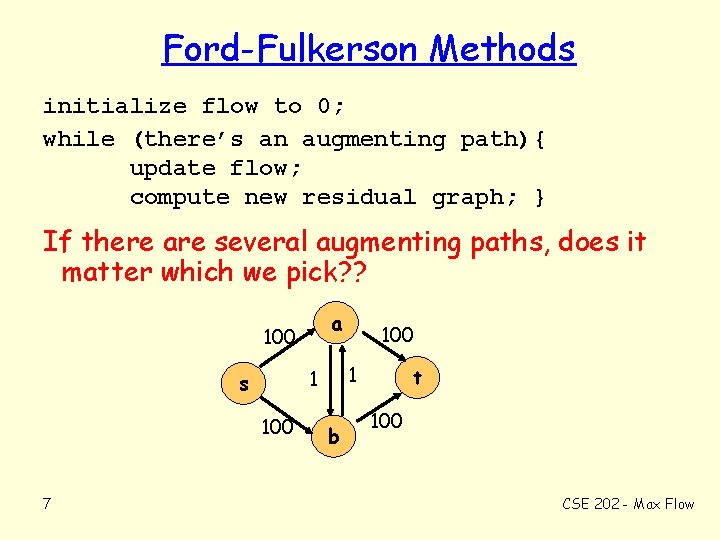 Ford-Fulkerson Methods initialize flow to 0; while (there’s an augmenting path){ update flow; compute