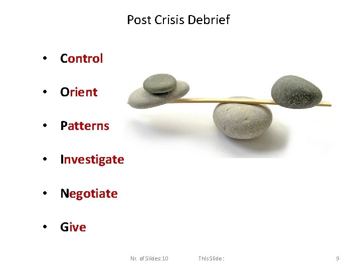 Post Crisis Debrief • Control • Orient • Patterns • Investigate • Negotiate •