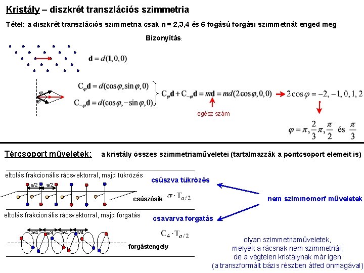 Kristály – diszkrét transzlációs szimmetria Tétel: a diszkrét transzlációs szimmetria csak n = 2,