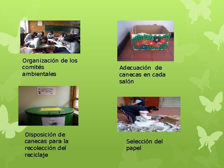 Organización de los comités ambientales Disposición de canecas para la recolección del reciclaje Adecuación