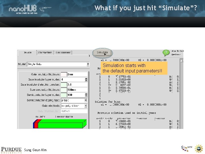 What if you just hit “Simulate”? Simulation starts with the default input parameters!! Sung