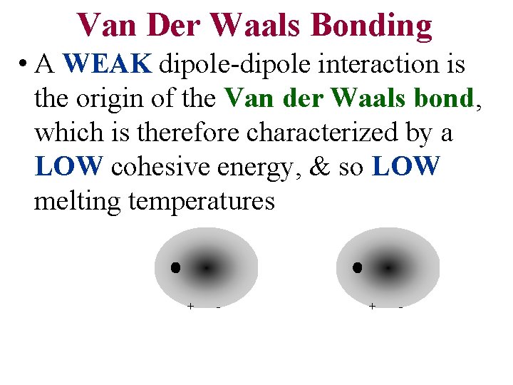 Van Der Waals Bonding • A WEAK dipole-dipole interaction is the origin of the