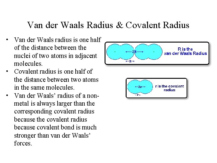 Van der Waals Radius & Covalent Radius • Van der Waals radius is one