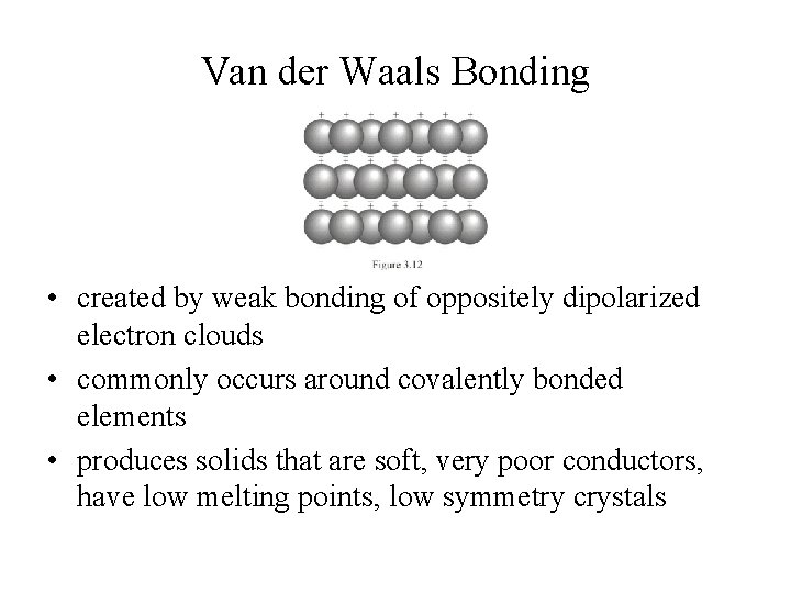 Van der Waals Bonding • created by weak bonding of oppositely dipolarized electron clouds