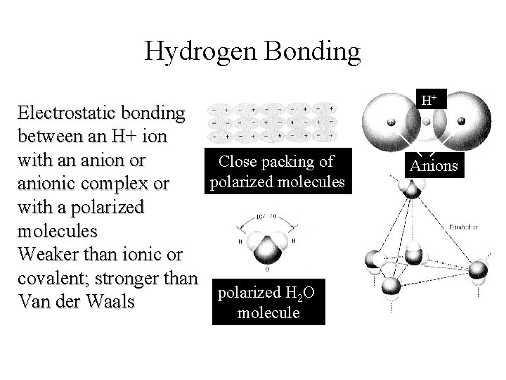 Hydrogen Bonding Electrostatic bonding between an H+ ion with an anion or Close packing