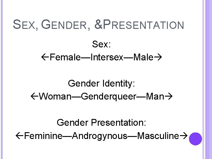 SEX, GENDER, &PRESENTATION Sex: Female—Intersex—Male Gender Identity: Woman—Genderqueer—Man Gender Presentation: Feminine—Androgynous—Masculine 