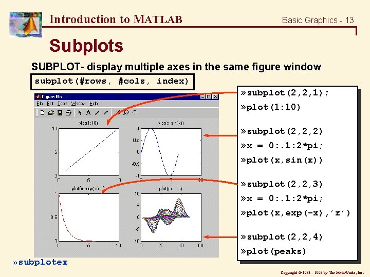 Introduction to MATLAB Basic Graphics - 13 Subplots SUBPLOT- display multiple axes in the