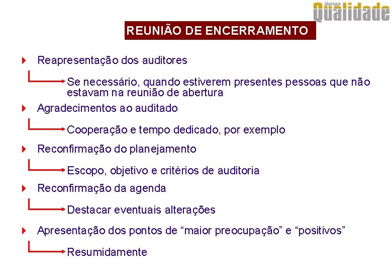 REUNIÃO DE ENCERRAMENTO 4 Reapresentação dos auditores Se necessário, quando estiverem presentes pessoas que