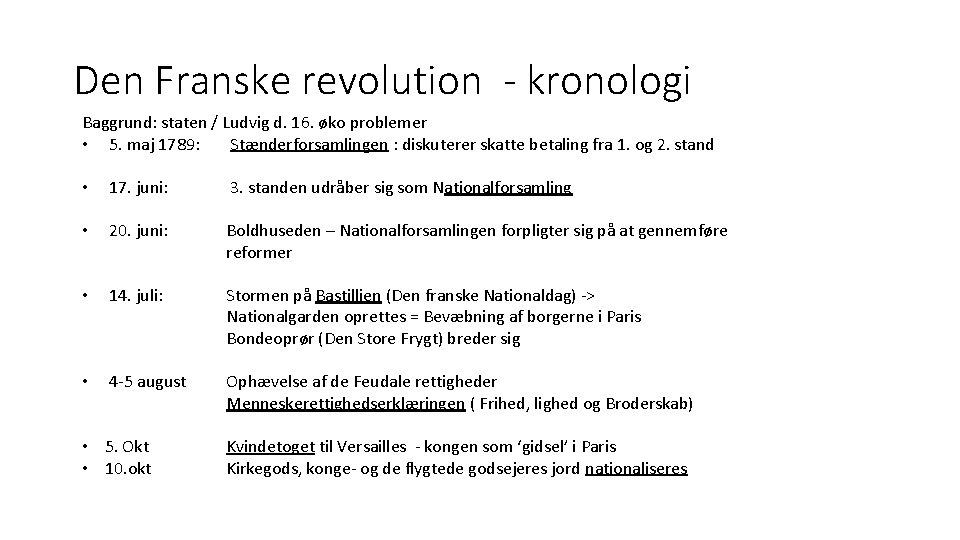 Den Franske revolution - kronologi Baggrund: staten / Ludvig d. 16. øko problemer •